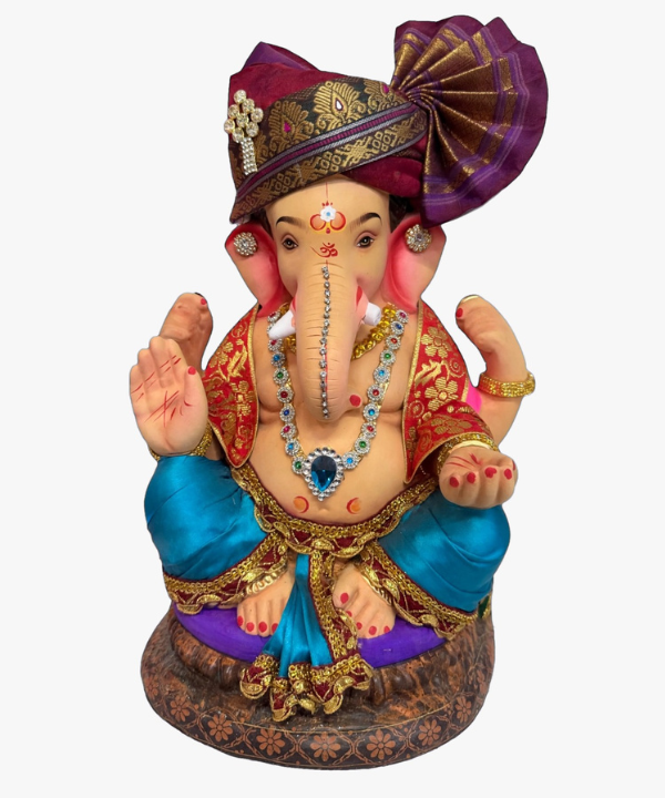 15 Inch Clay Ganesha Idol - Blue Dhoti with Maroon Paithani Pheta