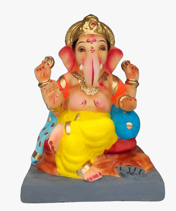 8 Inch Clay Ganesha Idol - Yellow Dhoti with Golden Mukut
