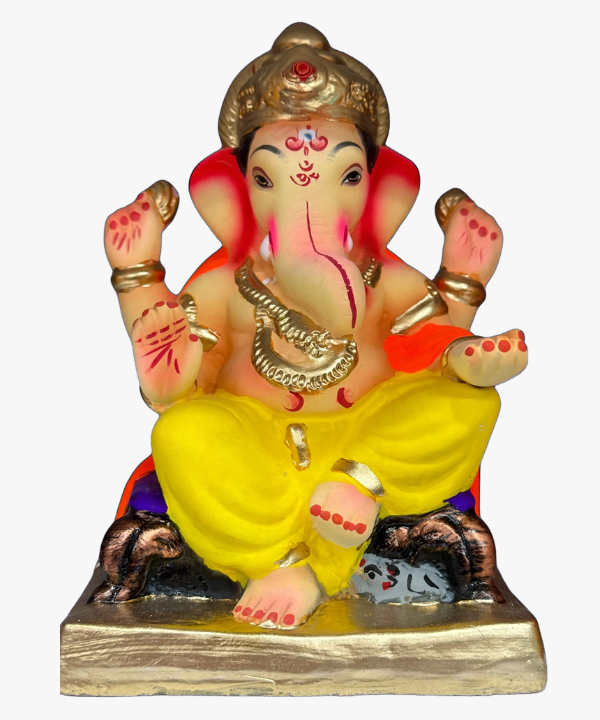 8 Inch Clay Ganesha Idol - Golden Mukut