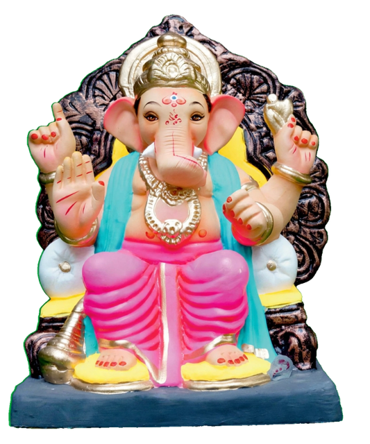 15 Inch Fully Painted Clay Ganesha Idol - Pink Dhoti