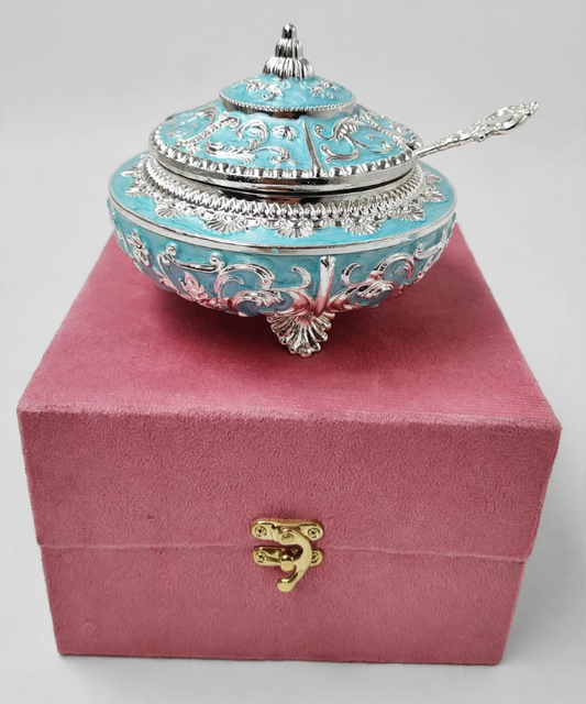 Silver Plated Turquoise Enamel Bowl with Lid & Spoon in Velvet Box