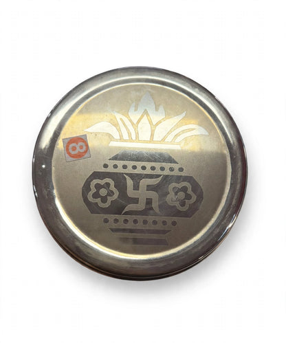 Stainless Steel Dabba with Kalash Swastik Design 13cm