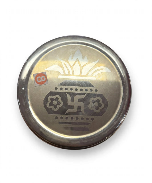Stainless Steel Dabba with Kalash Swastik Design 13cm