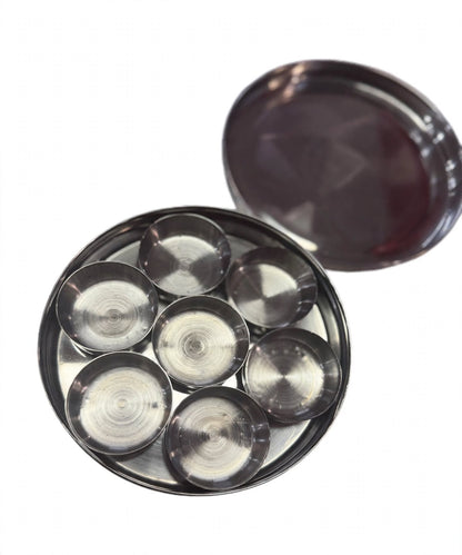 Stainless Steel Dabba with Kalash Swastik Design 13cm