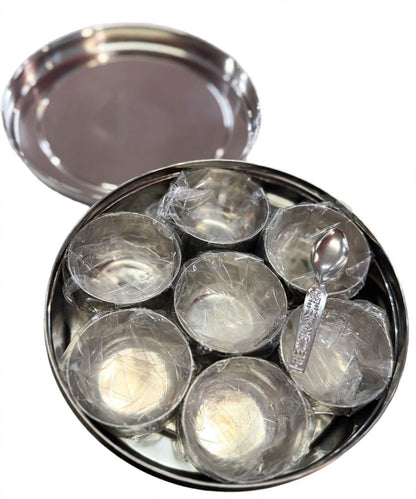 Stainless Steel Masala Dabba 7 Compartments with Spoon 18cm