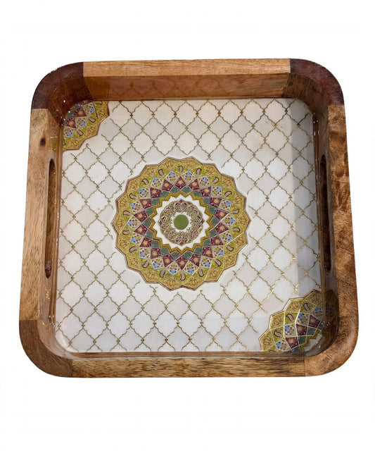 Wooden Serving Tray Square with Mandala Design