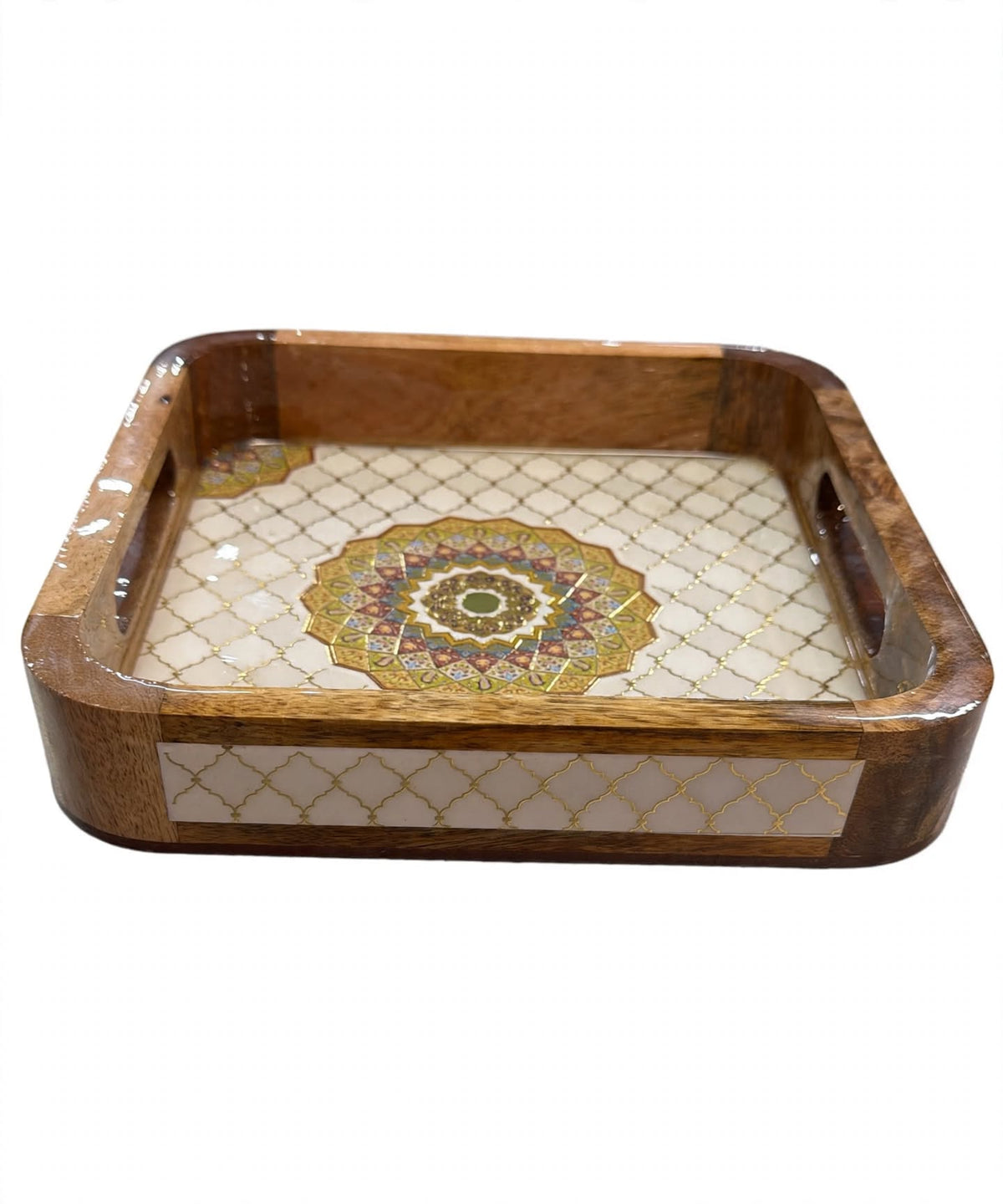Wooden Serving Tray Square with Mandala Design
