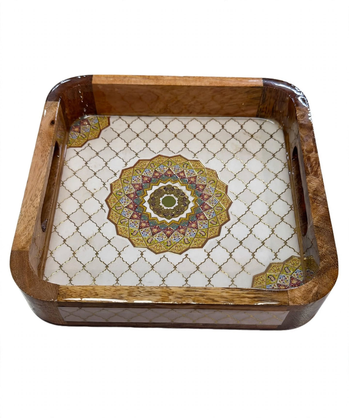 Wooden Serving Tray Square with Mandala Design