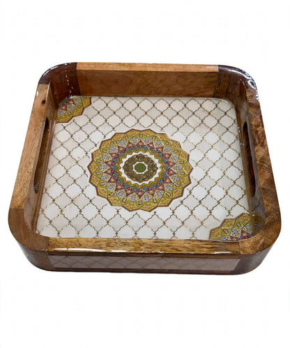 Wooden Serving Tray Square with Mandala Design