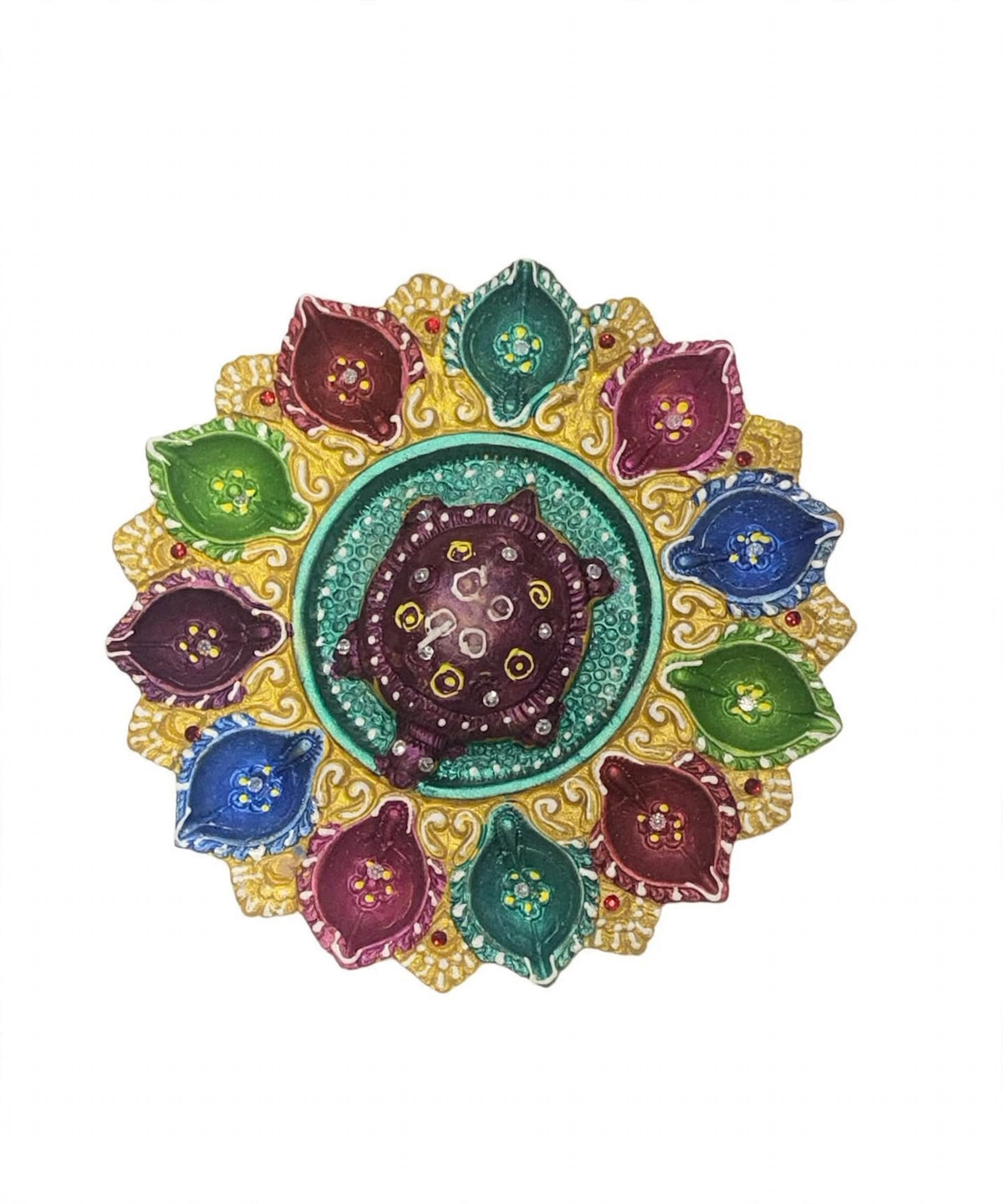 11 Diya Turtle Diya Plate - Colourful Diwali Pooja Thali