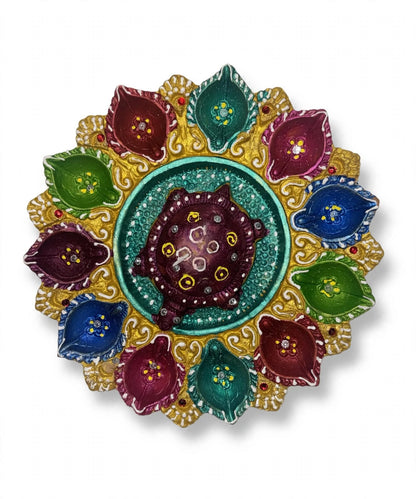 11 Diya Turtle Diya Plate - Colourful Diwali Pooja Thali