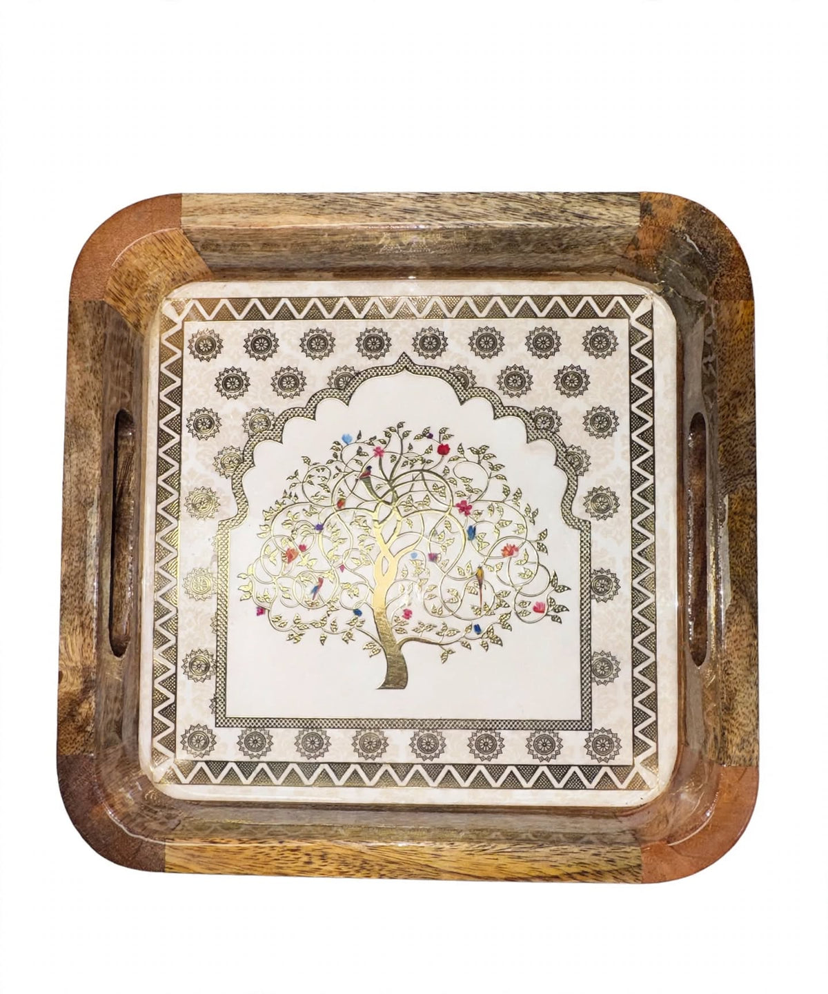 Wooden Serving Tray Square with Mandala Design