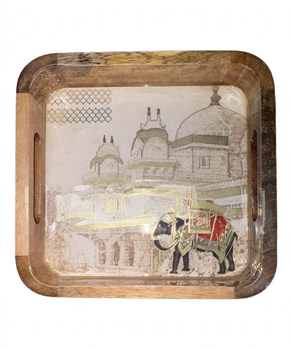 Wooden Serving Tray Square with Mandala Design
