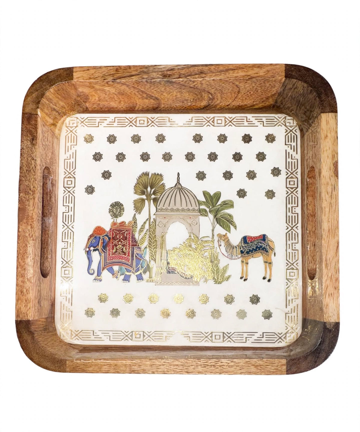 Wooden Serving Tray Square with Mandala Design