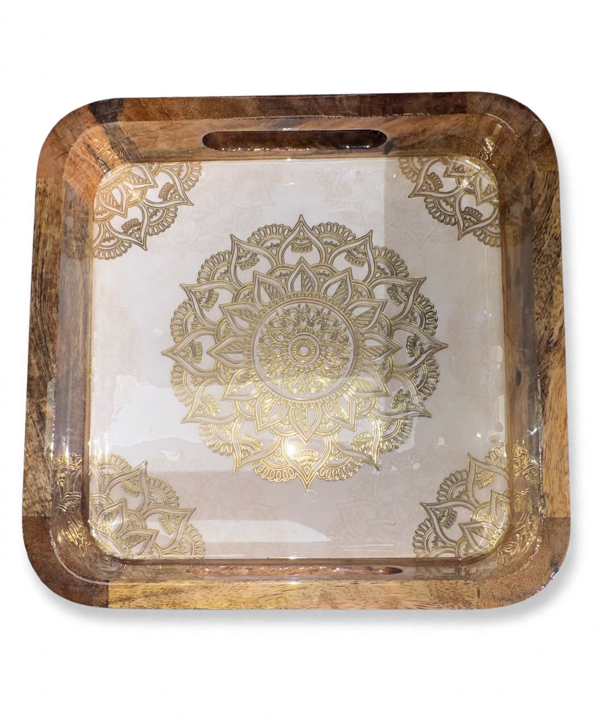 Wooden Serving Tray Square with Mandala Design