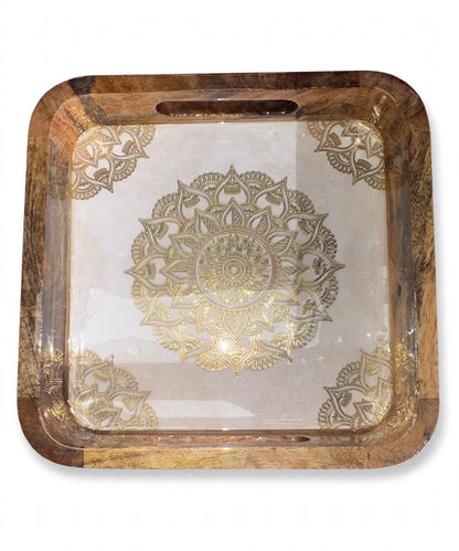 Wooden Serving Tray Square with Mandala Design