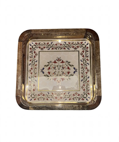 Wooden Serving Tray Square with Mandala Design