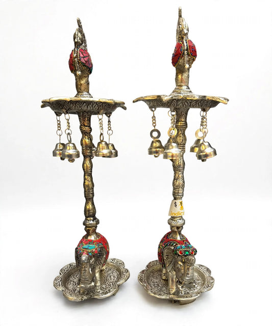 Elephant Peacock Samai Diya with Bells