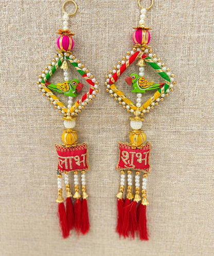 Wooden Parrot Shubh Labh Hanging Pair
