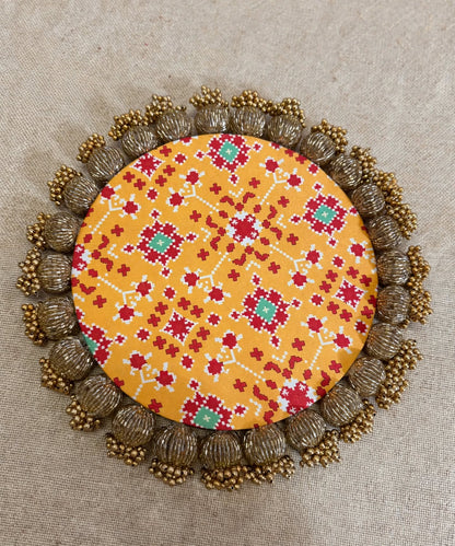 Decorative Rangoli Mat - Patola Print Lotus Pichwai and Gota Patti Work with Golden Moti Ball Tassel Border