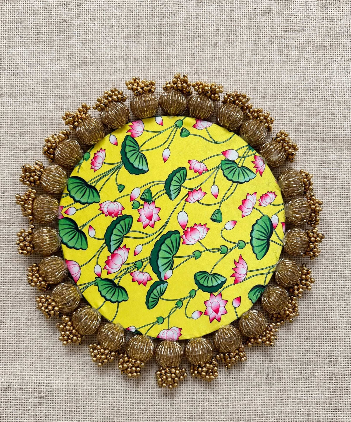 Decorative Rangoli Mat - Patola Print Lotus Pichwai and Gota Patti Work with Golden Moti Ball Tassel Border