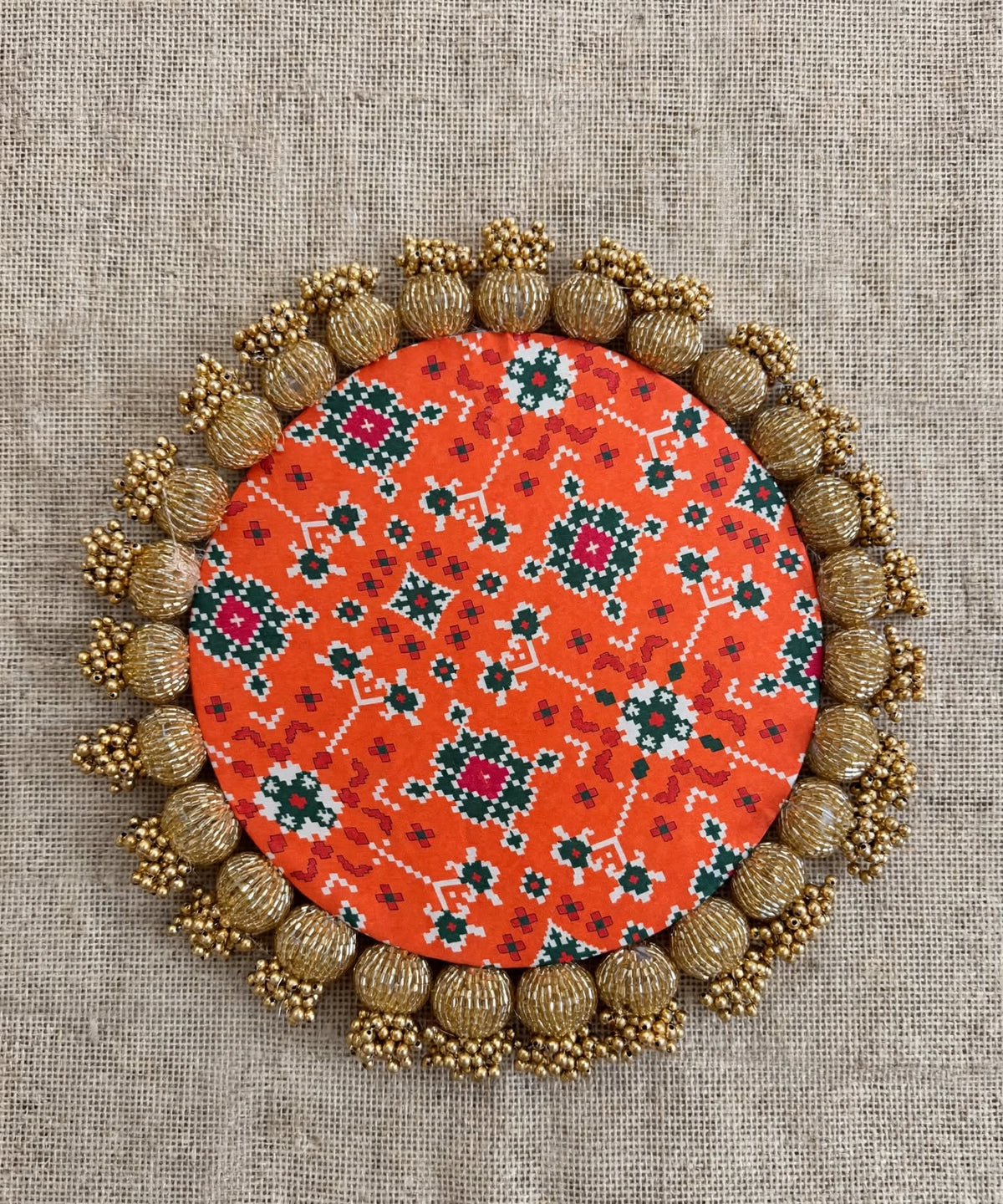 Decorative Rangoli Mat - Patola Print Lotus Pichwai and Gota Patti Work with Golden Moti Ball Tassel Border
