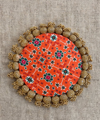 Decorative Rangoli Mat - Patola Print Lotus Pichwai and Gota Patti Work with Golden Moti Ball Tassel Border