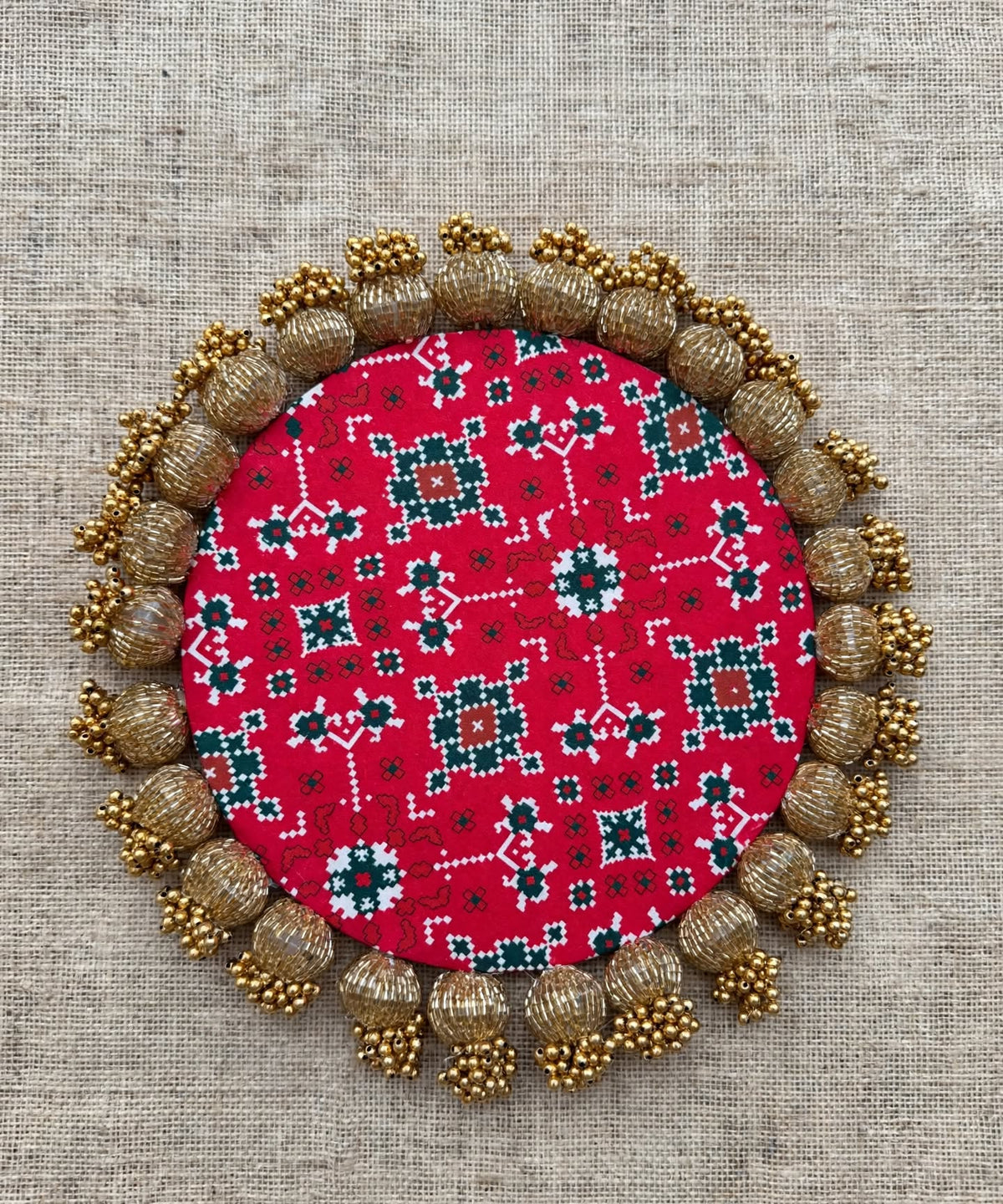 Decorative Rangoli Mat - Patola Print Lotus Pichwai and Gota Patti Work with Golden Moti Ball Tassel Border