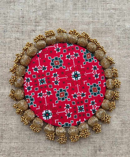 Decorative Rangoli Mat - Patola Print Lotus Pichwai and Gota Patti Work with Golden Moti Ball Tassel Border