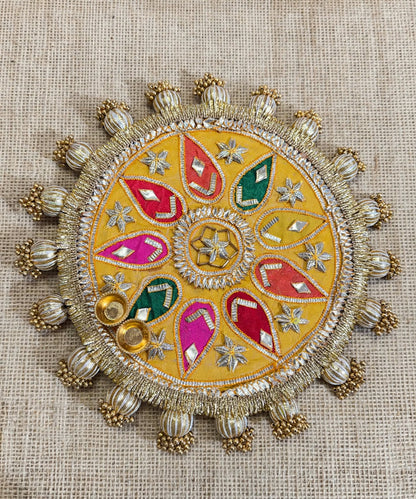 Decorative Rangoli Mat - Patola Print Lotus Pichwai and Gota Patti Work with Golden Moti Ball Tassel Border