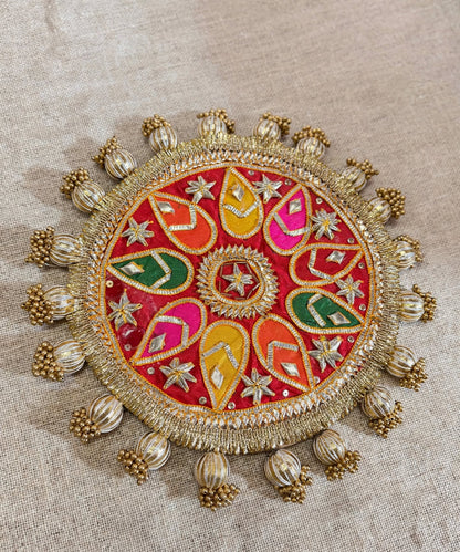 Decorative Rangoli Mat - Patola Print Lotus Pichwai and Gota Patti Work with Golden Moti Ball Tassel Border