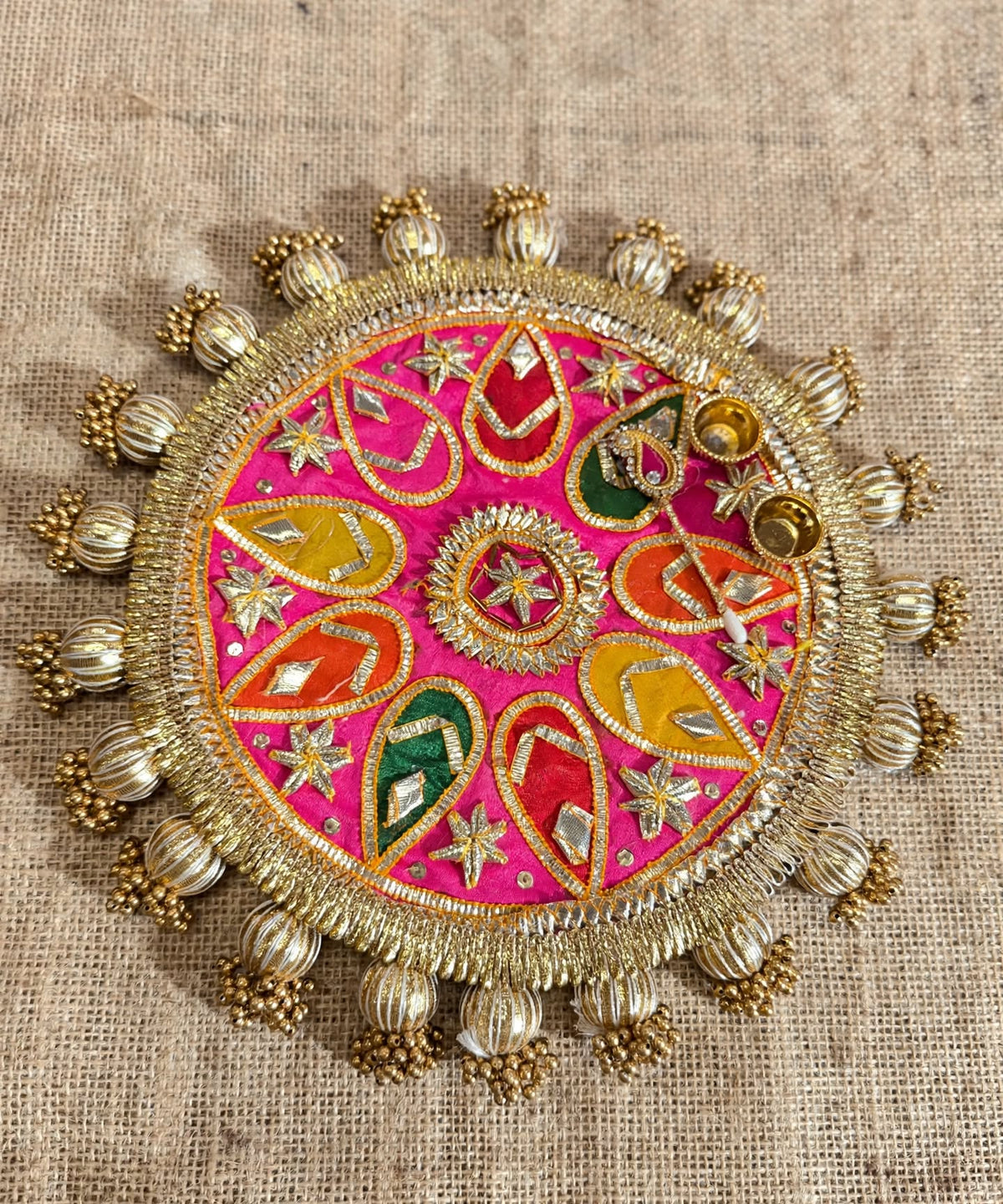 Decorative Rangoli Mat - Patola Print Lotus Pichwai and Gota Patti Work with Golden Moti Ball Tassel Border