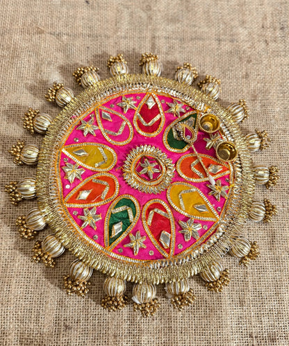 Decorative Rangoli Mat - Patola Print Lotus Pichwai and Gota Patti Work with Golden Moti Ball Tassel Border