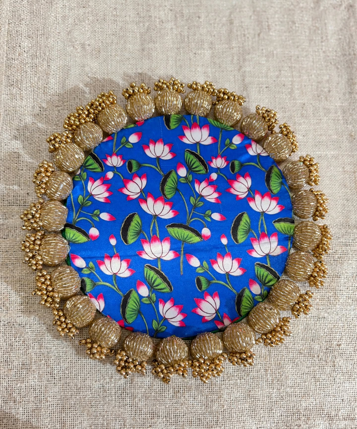 Decorative Rangoli Mat - Patola Print Lotus Pichwai and Gota Patti Work with Golden Moti Ball Tassel Border