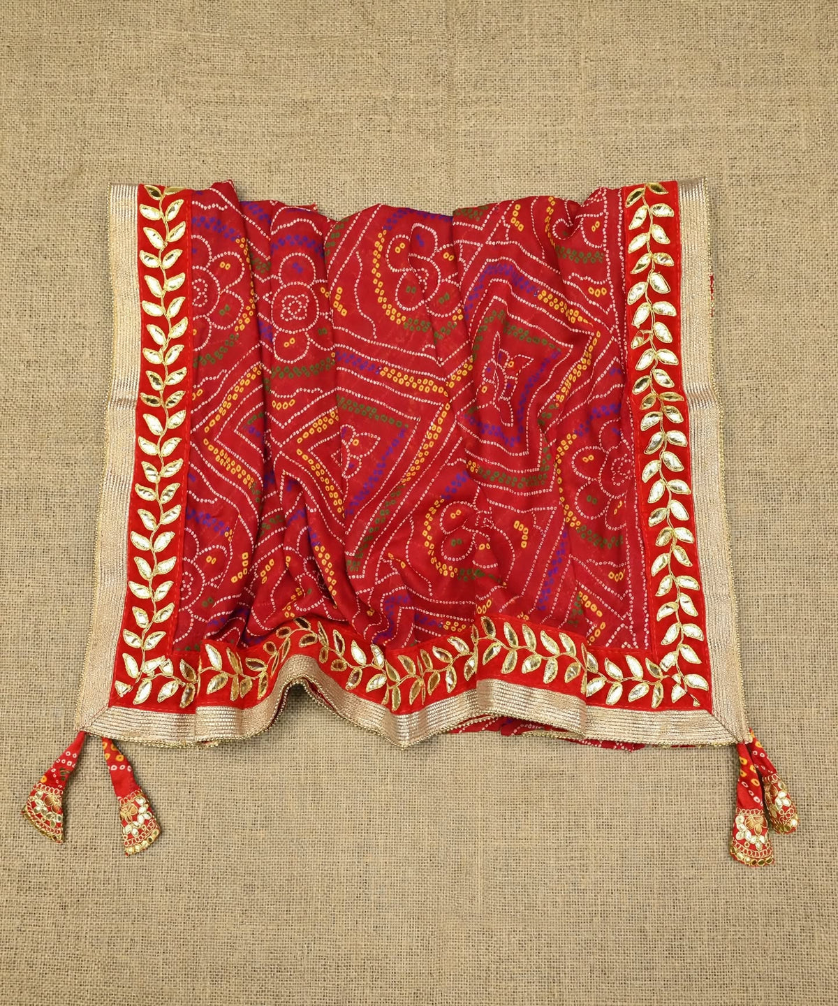 Red Bandhej Bandhani Dupatta with Heavy Gota Patti Lace Border and Tassels