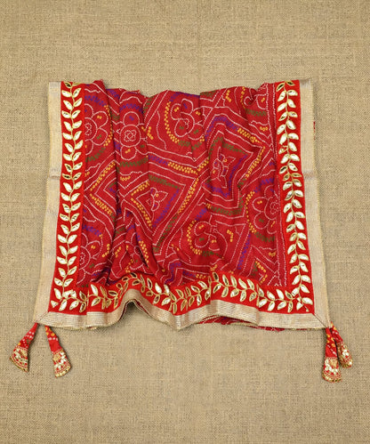 Red Bandhej Bandhani Dupatta with Heavy Gota Patti Lace Border and Tassels