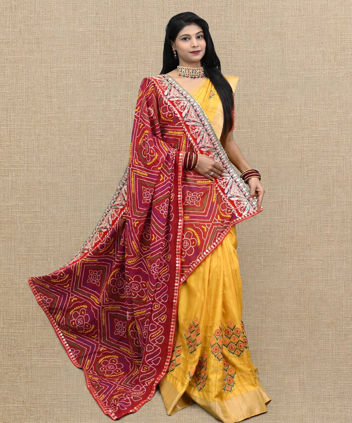 Red Bandhej Bandhani Dupatta with Heavy Gota Patti Lace Border and Tassels