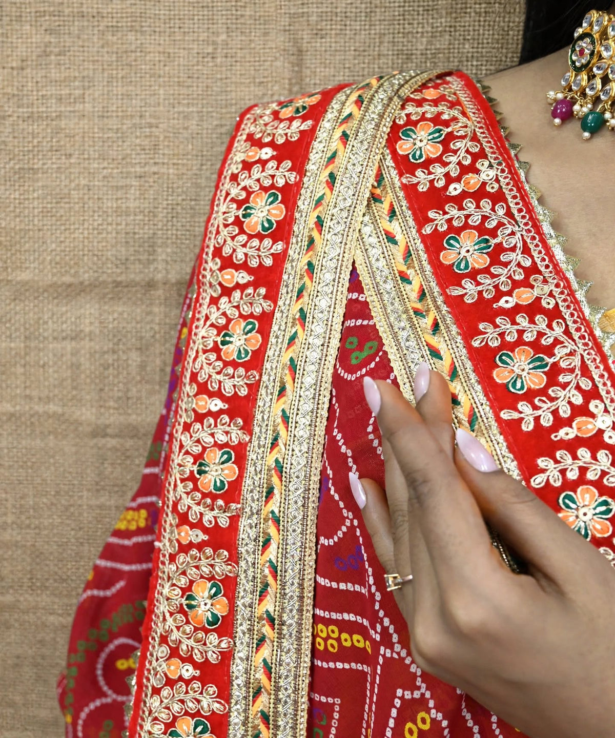 Red Bandhej Bandhani Dupatta with Heavy Gota Patti Lace Border and Tassels