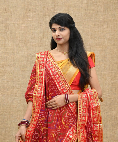 Red Bandhej Bandhani Dupatta with Heavy Gota Patti Lace Border and Tassels