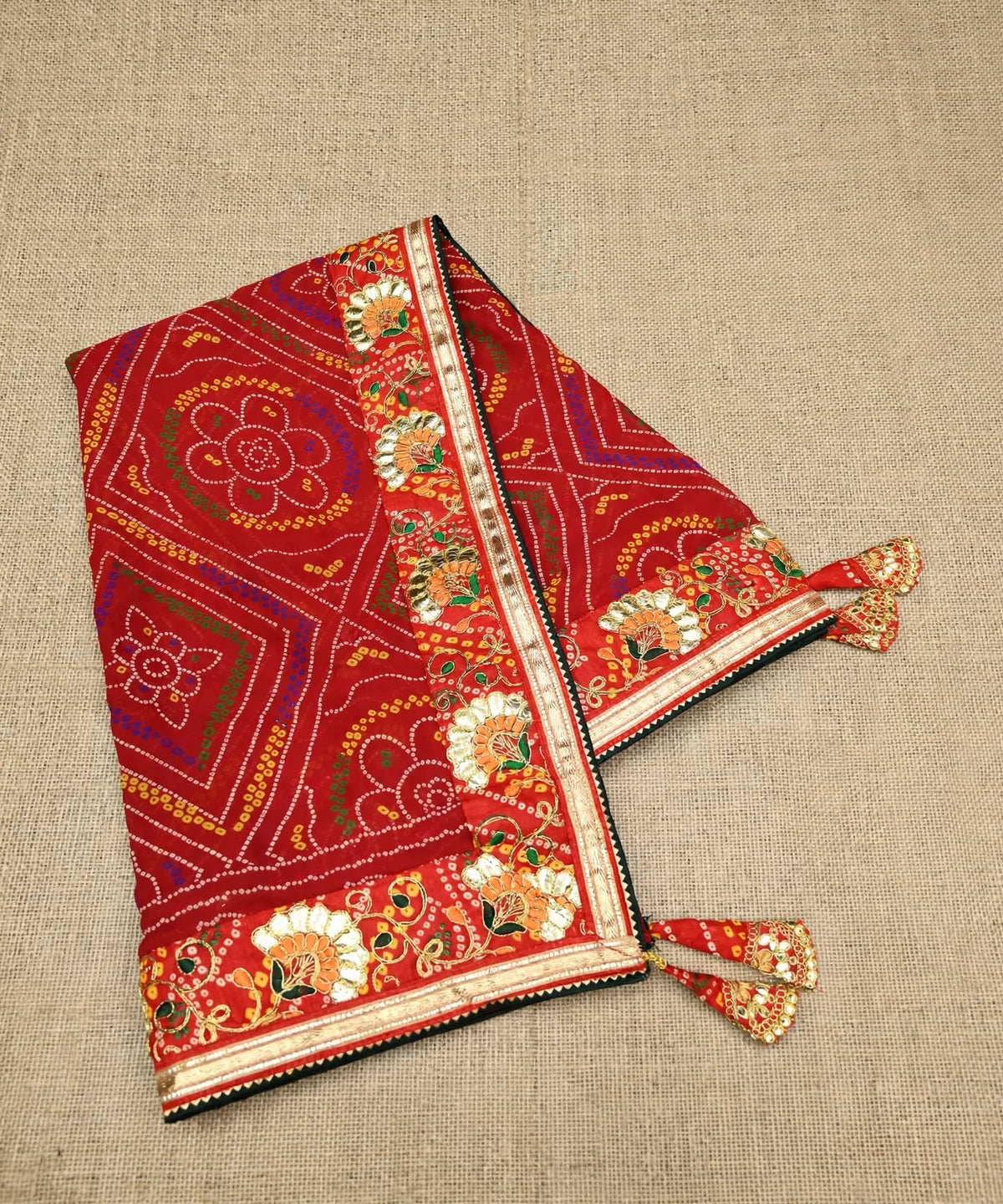 Red Bandhej Bandhani Dupatta with Heavy Gota Patti Lace Border and Tassels