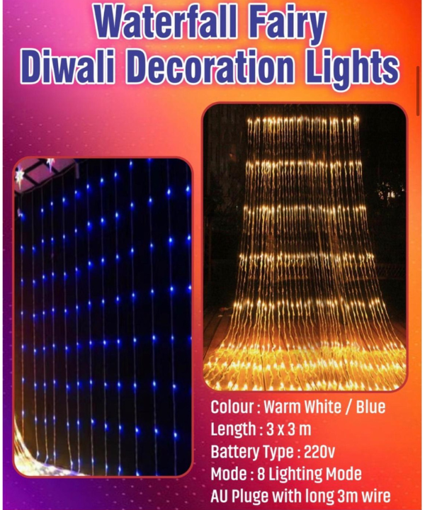 Waterfall Fairy Diwali Decoration Lights - 3x3m Curtain Fairy Lights