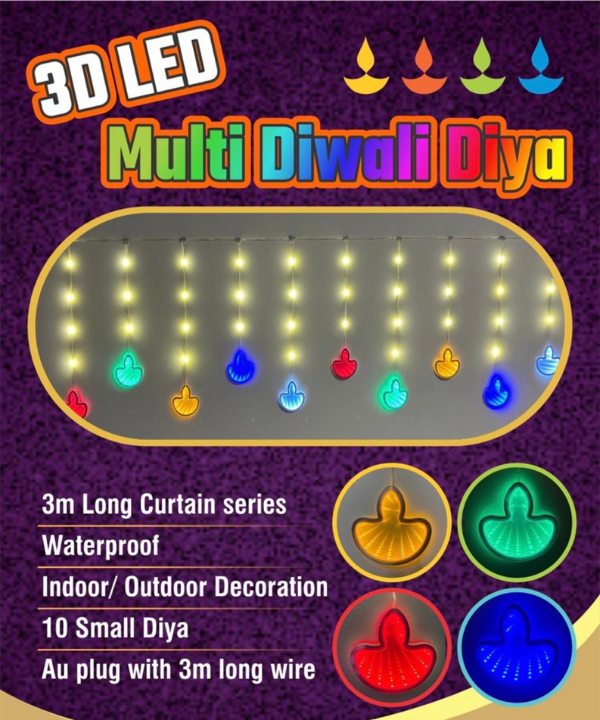 3D LED Multi Diwali Diya Curtain Lights - 3m Long 10 Small Diya