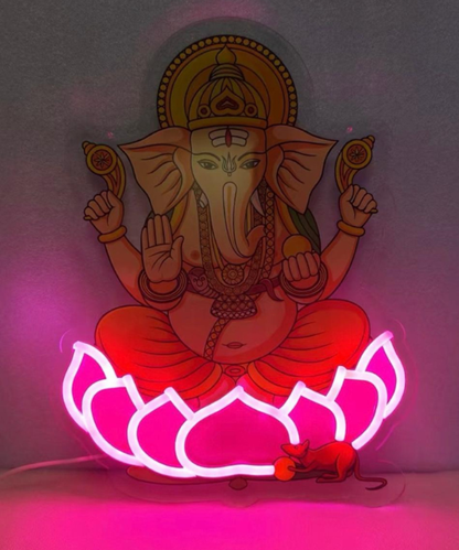 Lord Ganesha Lotus LED Neon Light - Ganpati Neon Light with Mushak