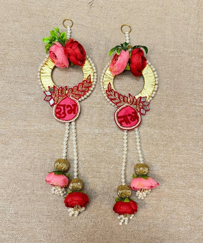 Pink Red Rose Shubh Labh Wall Hanging Pair
