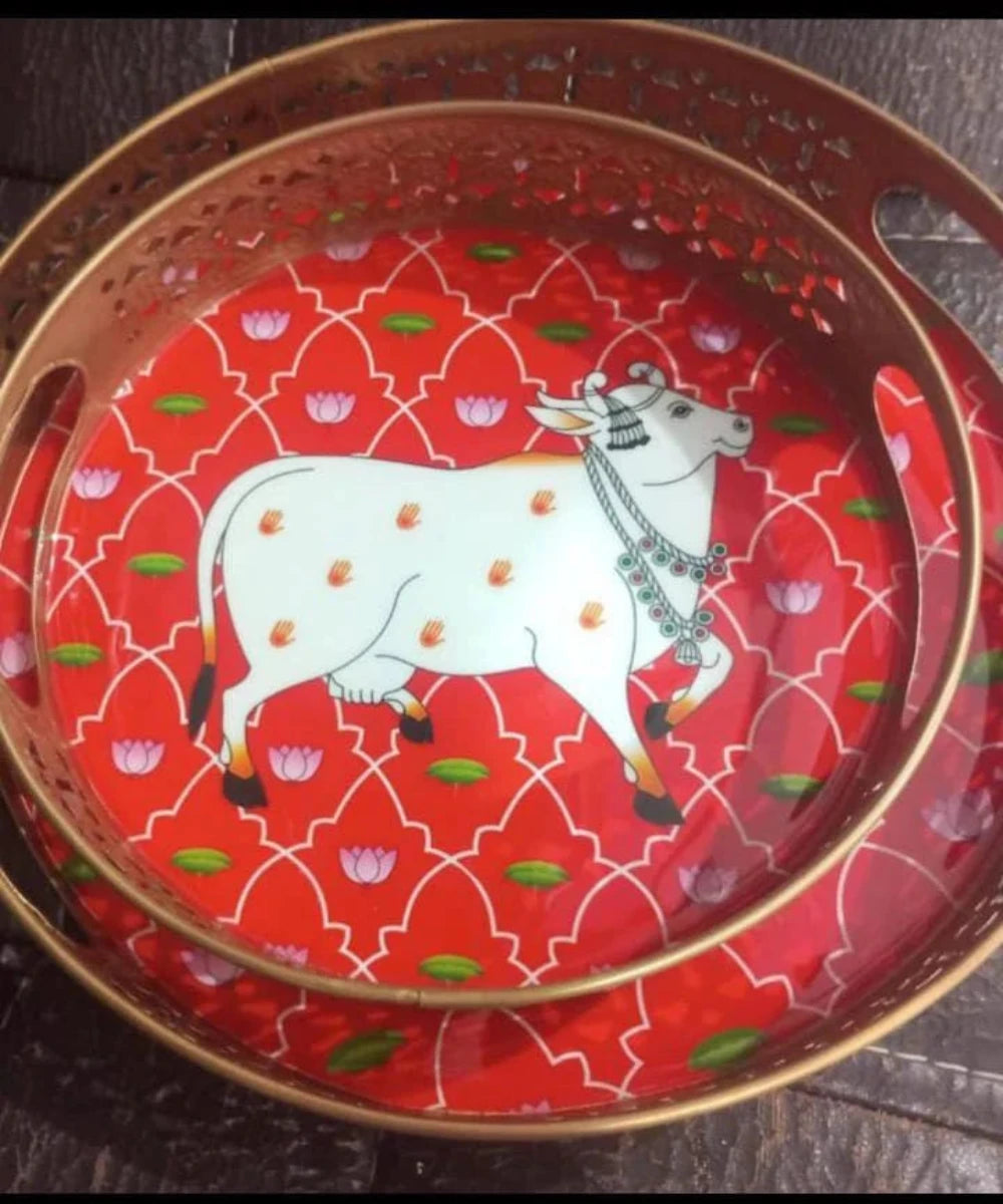 Set Of Exquisite Round Metal Trays With Pichwai Art, Nandi Cow Design Home Decor