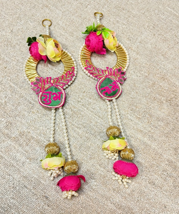 Pink Yellow Rose Shubh Labh Wall Hanging Pair