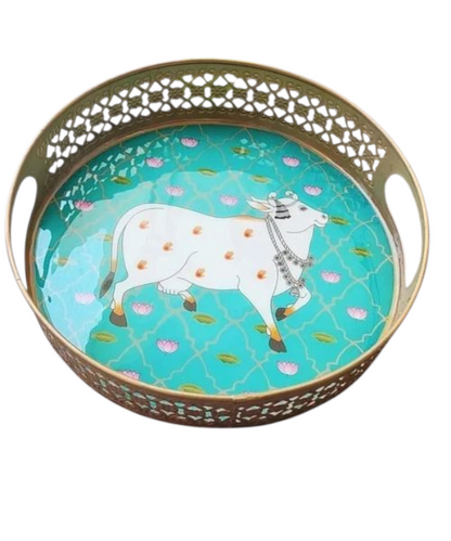 Big Round Metal Trays With Pichwai Art, Nandi Cow Design Home Decor