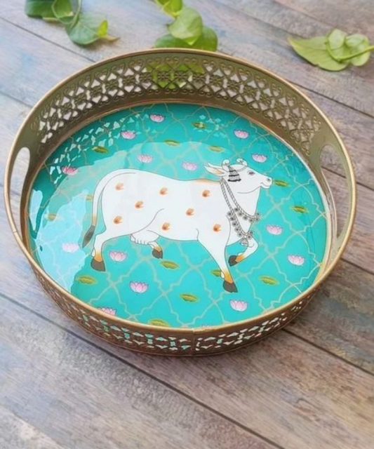 Big Round Metal Trays With Pichwai Art, Nandi Cow Design Home Decor