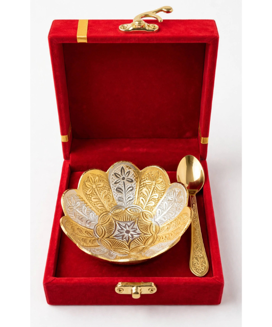 Gold & Silver Flower Bowl with Spoon Set in Red Velvet Box
