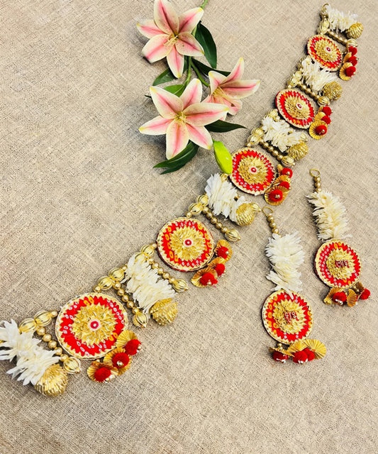 Red Gold Gota Patti Toran with White Gajra Flower